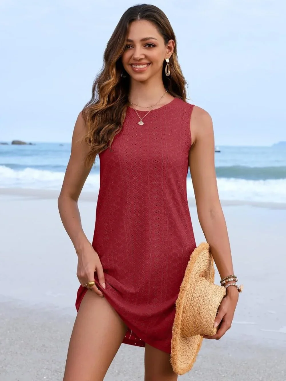 Womens Red Polyester Coverup Swimsuit Summer Bathing Suit Coverup Beach Coverup